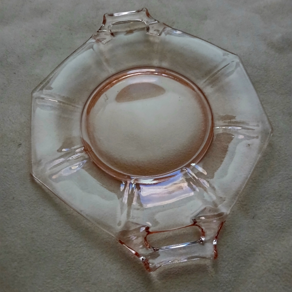 Vintage Anchor Hocking Pink Depression Glass Octagon Plate with Handle 9 7/8 in